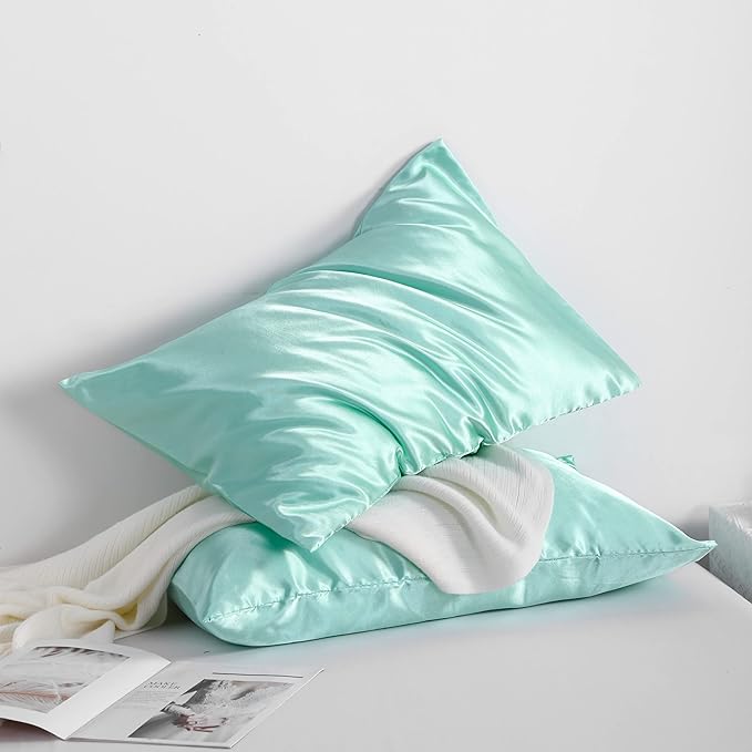 NTBAY 12 Pack Satin Standard Pillowcases for Hair and Skin, Luxurious and Silky Pillow Cases with Envelope Closure, 20 x 26 Inches, Light Blue