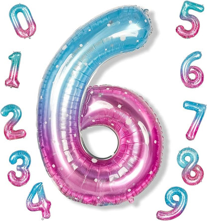 40 Inch Balloon Number 6 Blue Pink, Large Foil Mermaid 6 Balloons Number by Isndare
