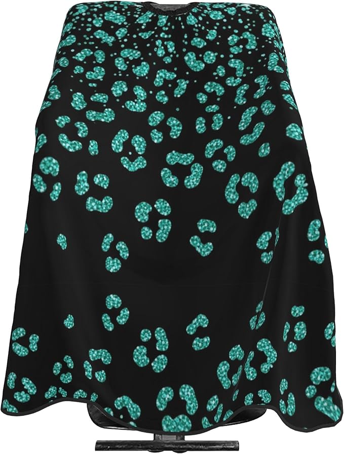 Hairdresser Cape Turquoise Green Glitter Cheetah Leopard Print Black Hair Cutting Gown, Large Long Haircut Apron for Hair Cutting Styling, Haircut Tools