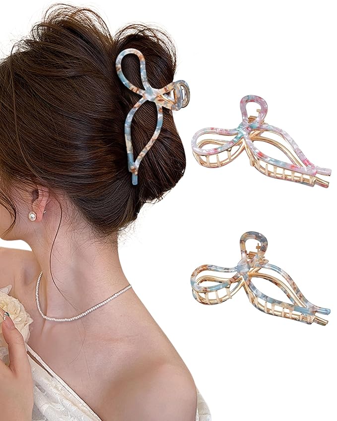 ACECHA 2 Pack Bow Hair Claw Clips for Women, 4.5" Gold Metal Hairclips for Thick Thin Hair, Large Non-slip Claws Strong Hold Styling (Floral 00)