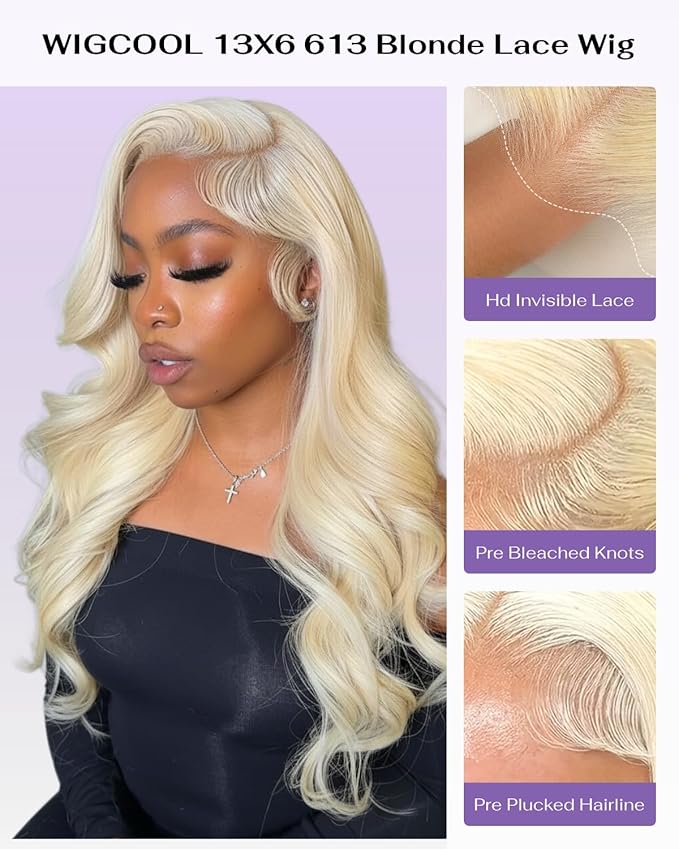 613 13x6 Lace Front Wig Human Hair 180 Density Body Wave Blonde Wig Human Hair 613 HD Lace Frontal Wigs 100% Real Human Hair No Synthetic Blend No Tangle No Shedding Triple Lifespan 3X 20 Inch