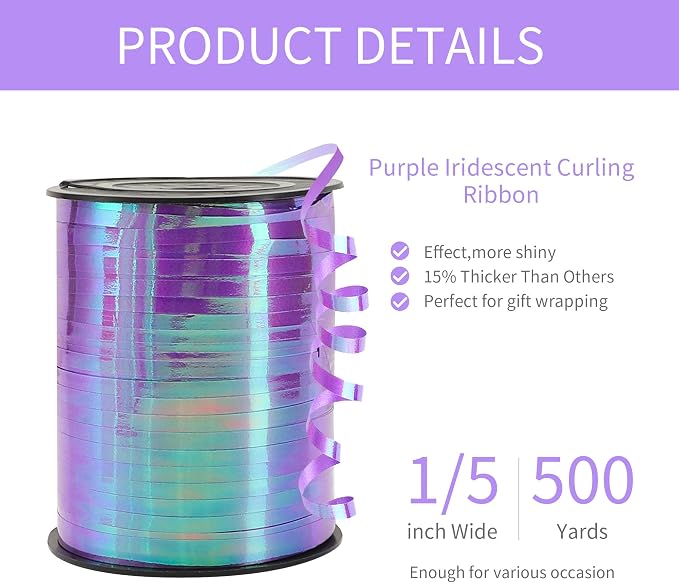 500 Yard Iridescent Purple Curling Ribbon, 1/5" Wide Holographic Christmas - Image 2