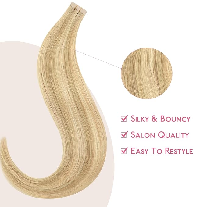 WENNALIFE Tape in Hair Extensions Human Hair Light Blonde Highlighted Golden Blonde Tape in Extensions, 10pcs 30g 20 inch Remy Invisible Tape Ins Straight Soft Real Human Hair Tape in Extensions