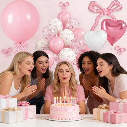 Pink Bow Balloons, Light Pastel Pink White Bow Print Balloons - Image 2