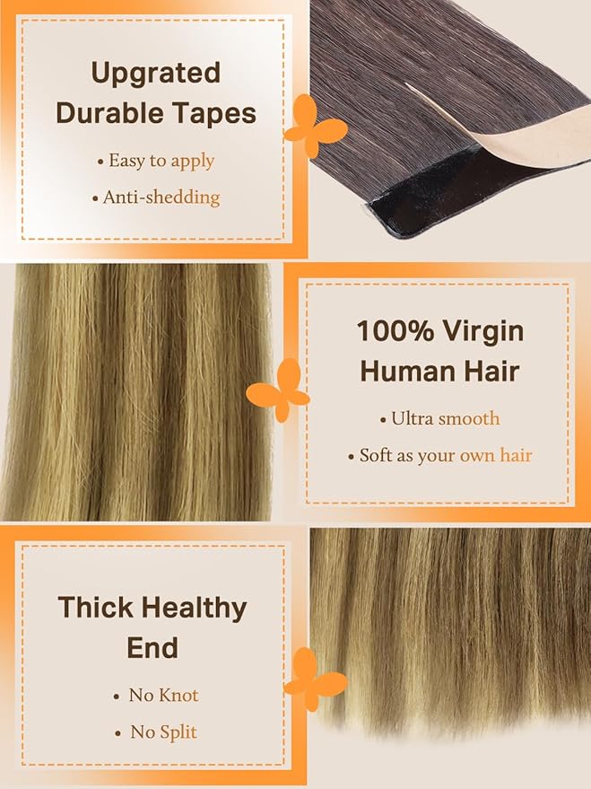 DOORES Tape in Hair Extensions Human Hair, Medium Brown Highlighted Dirty Blonde 22 Inch 20pcs 50g, Human Hair Extensions Natural Hair Extensions Seamless Straight