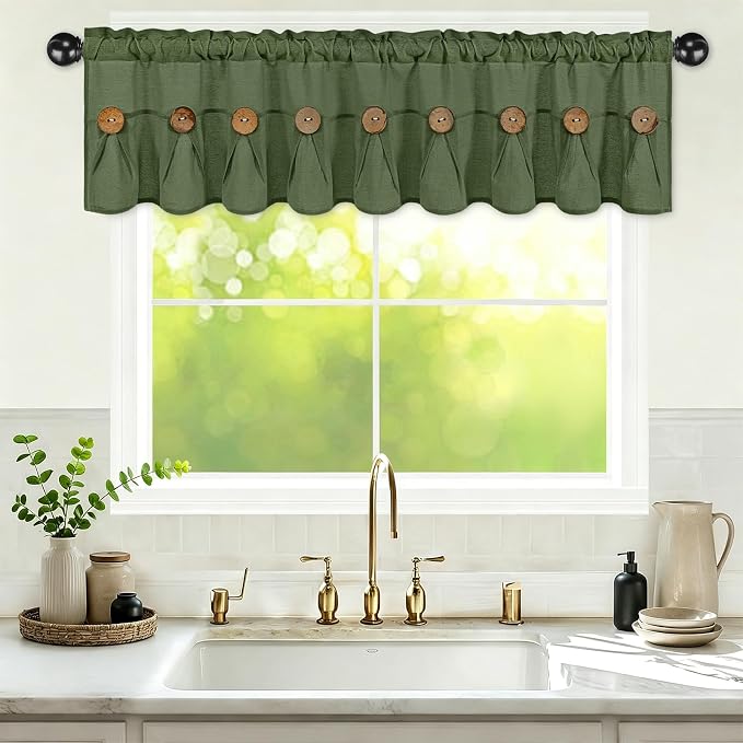 Farmhouse Valance Curtains, Boho Cotton Linen Kitchen Valance, Olive Green by FRAMICS