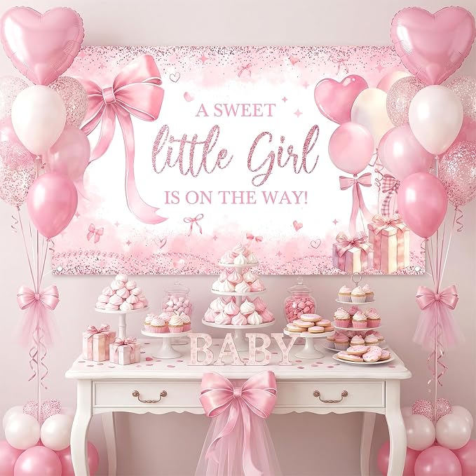 Pink Bow Baby Shower Banner Girl Baby Shower Party Decorations A Sweet Little - Image 3