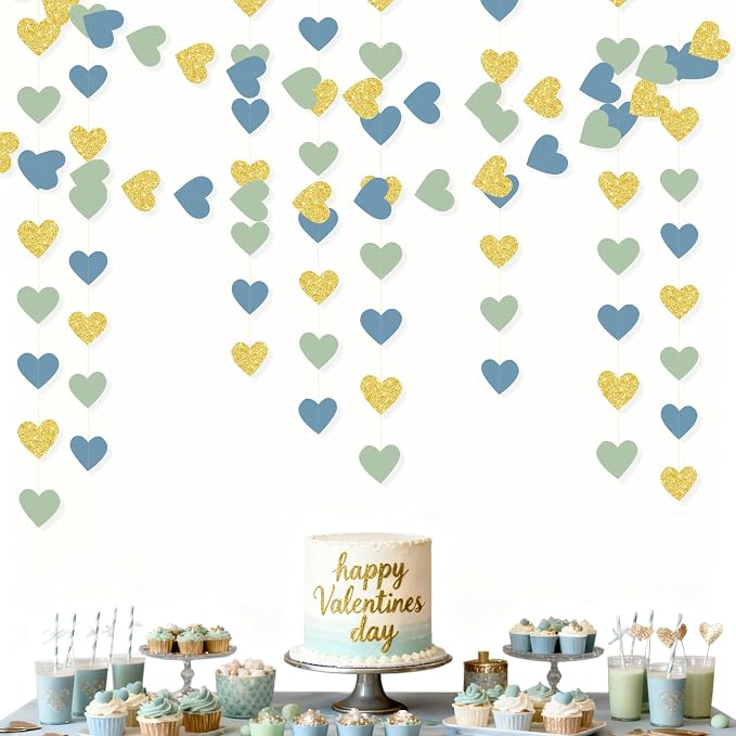 Sage Green Dusty Blue Gold Heart Party Decorations Gold Glitter Paper Dusty - Image 5