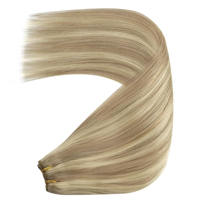 YoungSee Weft Hair Extensions Blonde Highlight Human Hair Extensions Sew in Dark Ash Blonde Highlighted Light Blonde Sew in Weft Hair Extensions Human Hair for Women 18Inch 100G