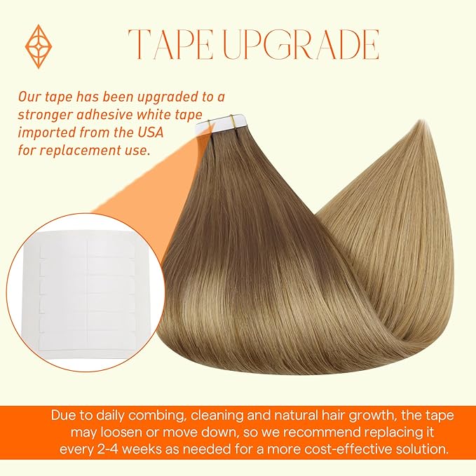 Full Shine Invisible Tape in Hair Extensions 18 Inch Color 10/14 Gold Brown to Dark Blonde Seamless Brazilian Real Hair Extensions Tape in 20 Pcs Blonde Soft Remy 50 Grams Add Volume for Wedding