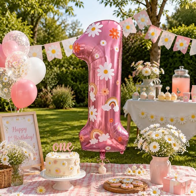 1st Birthday Daisy Balloon, 40 Inch Pink Number 1 Boho Party Decor | Daisy - Image 5
