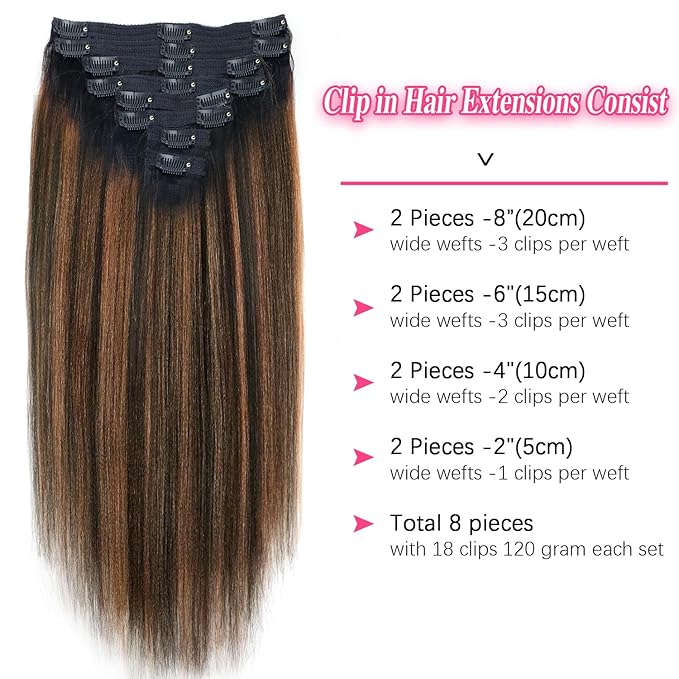 Yaki Straight Clip ins Real Human Hair Extensions For Women Highlight Hair Extensions Yaki Straight Clip in Hair Extensions(14inch,T1BP1B/30)