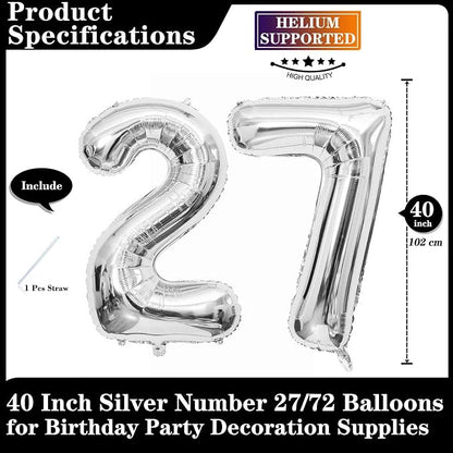Silver 27 Number Balloons, 40 Inch Giant Number 27 Balloons Foil Mylar Helium - Image 2
