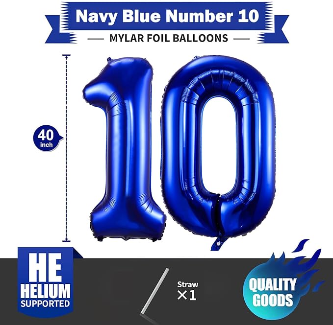 Navy Blue 10 Balloon Numbers, 40 Inch Dark Blue 10th Birthday Balloons Large - Image 2