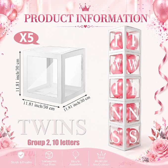 Thyle 5 Pcs White Twins Balloons Boxes Clear Balloon Boxes 10 Pcs Letters - Image 2