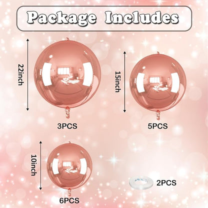 14 Pcs Rose Gold Round Foil Balloons 22/15/10 4D Ball Balloons Rose Metallic - Image 2