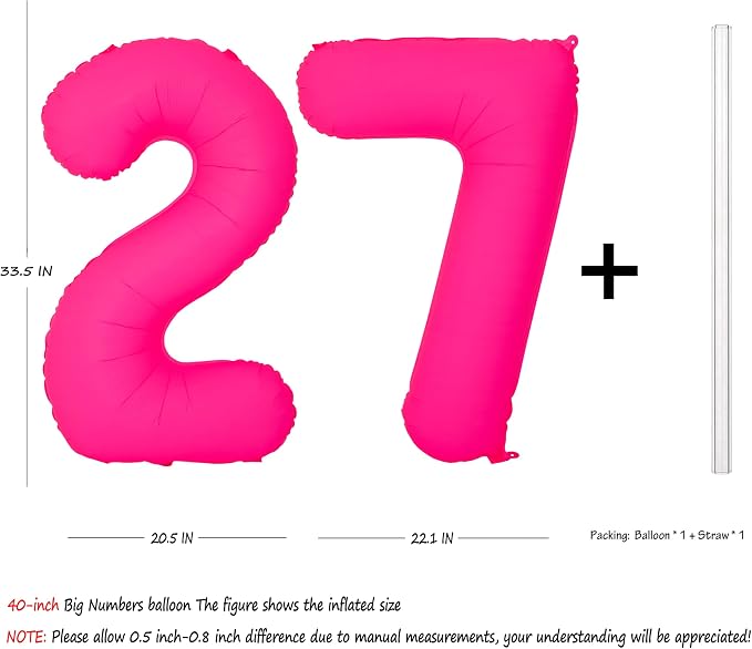 Pink Birthday Number 27 Balloons 40IN Fluorescent Pink 72 Foil Balloon | - Image 2