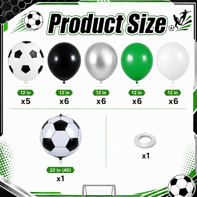 Soccer Balloons, 12 Inch Green Black White Metallic Silver Latex Balloons - Image 2