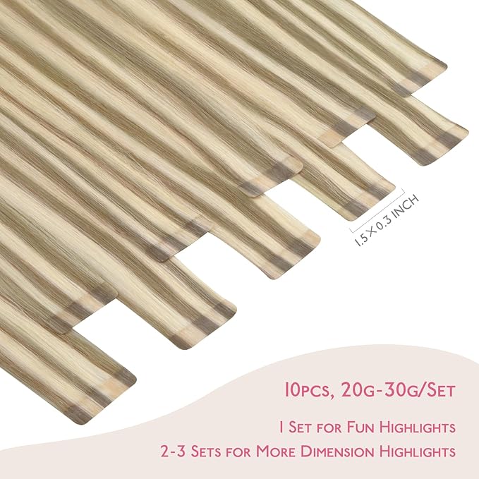 WENNALIFE Tape in Hair Extensions Human Hair Ash Brown with Platinum Blonde Highlights Tape in Extensions, 10pcs 30g 22 inch Remy Invisible Tape Ins Straight Colored Soft Refill Set