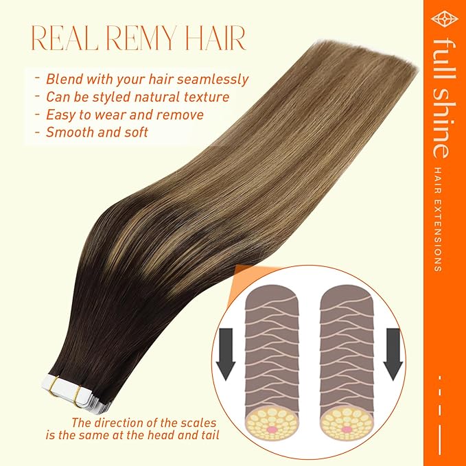 Full Shine Invisible Tape in Hair Extensions 20Inch Color 2/8/27 Brown Roots to Blonde and Brown 20Pcs 50G Balayage Remy Tape Extensions Seamless Skin Weft Real Human Hair Straight for Bridal