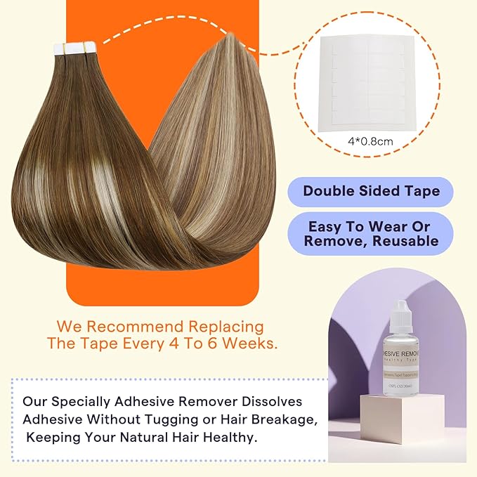 Full Shine Tape in Hair Extensions Human Hair 16 Inch Seamless Skin Weft Hair Extensions Tape in Color 4 Brown Ombre 8 and 27 Blonde Highlight 60 Balayage Remy Straight Hair 50grams 20PCS Add Volume