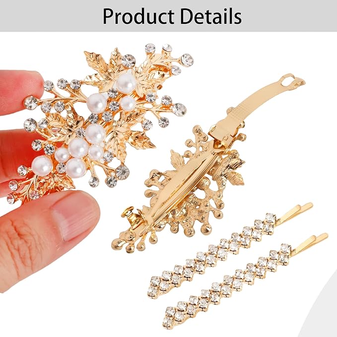 4PCS Gold Rhinestone Pearl Hair Clips, Wedding Bridal Leaf Hair Barrette, Sparkly Glitter Hair Pins Accessories for Women and Girls (Gold)