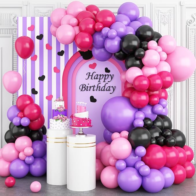Hot Pink and Purple Balloon Arch Garland Kit, Rose Red Black Pink Purple Latex by GRESATEK