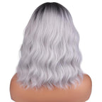 BERON 14 Inches Silver Wig for Women Silver Gray Wig Short Curly Synthetic Wigs with Bangs Ombre Grey Wigs Hairnet Include