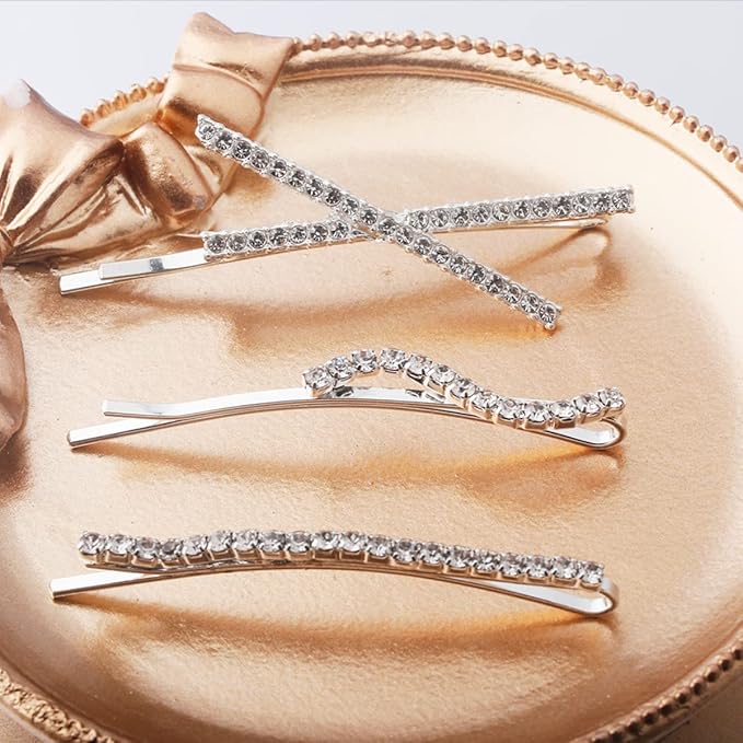 16 Pieces Rhinestone Bobby Pins, Fancy Metal Hair Clips, Crystal Shiny Barrettes, I S X Shaped Diamond Hair Accessories for Women Girls Wedding Prom Party (Silver)