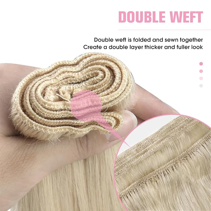 YoungSee 22inch Weft Hair Extensions Human Hair Platinum Blonde Sew in Hair Extensions Blonde Long Hair Extension Sew in One Bundle for DIY 100g