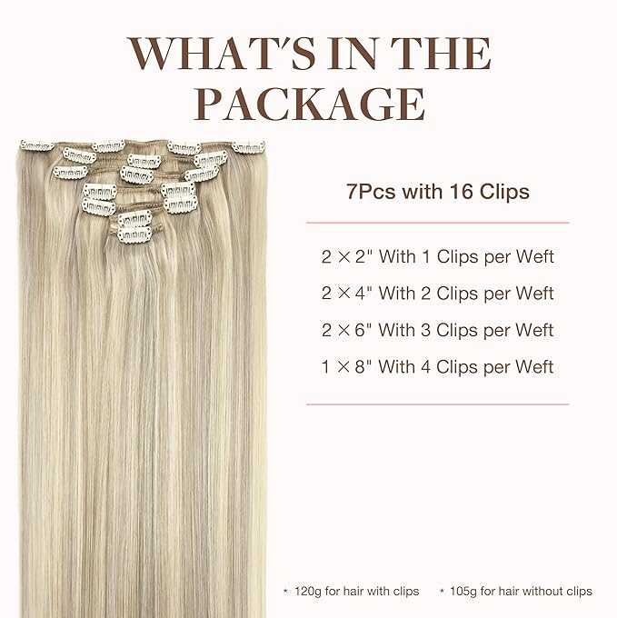 GOO GOO Clip in Hair Extensions Real Human Hair, Remy Human Hair Extensions Clip ins for Women, Natural Human Hair, 18inch 120g 7Pcs, 17A/60A Ash Blonde Highlighted Platinum Blonde