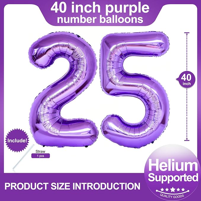 Number 25 Purple Balloons 40 Inch Giant Foil Purple 25 Helium Balloons - Image 2