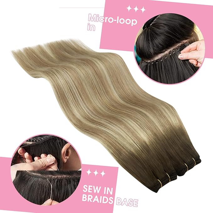 YoungSee Weft Hair Extensions Ombre Sew in Hair Extensions Walnut Brown Ombre Light Brown with Blonde Hair Extensions Weft Real Human Hair Bundle One Piece for Women 14Inch 100G