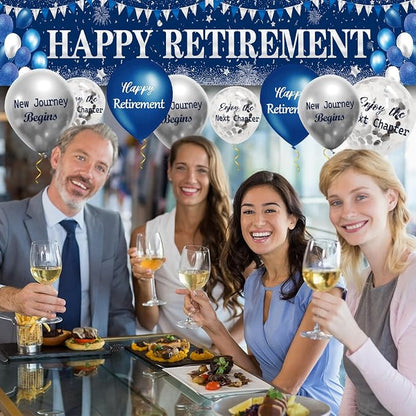 GOLDCROW Retirement Party Decorations Blue Silver Happy Retirement Banner - Image 4