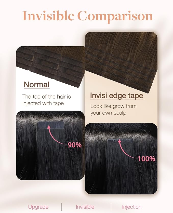 GOO GOO Invisi Edge Tape in Hair Extensions Human Hair, 4/18 Balayage Chocolate Brown Highlighted Dirty Blonde 10pcs injected with 10pcs classical tape ins, 22inch 50g, Virgin Remy Hair, Natural Look