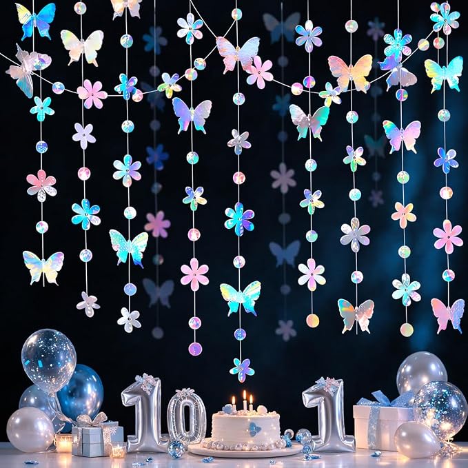 6 Pack Each 13Ft Iridescent Butterfly Garland Holographic Banner | Double Side by QIHANSProducts