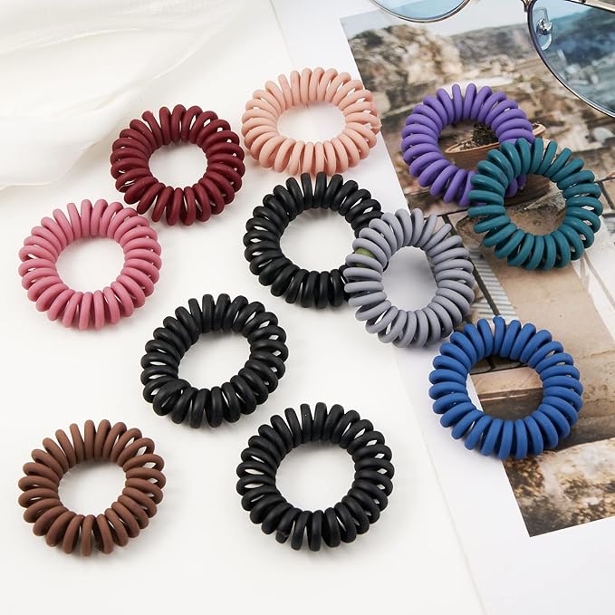Matte Spiral Plastic Hair Ties (Colorful, 10 Pcs) - No Crease Ponytail Holders for Thick and All Hair Types