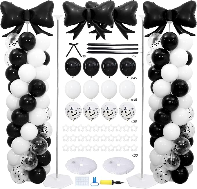 Black and White Bow Balloon Column Stand Kit Set of 2 by ZyloonDecoration