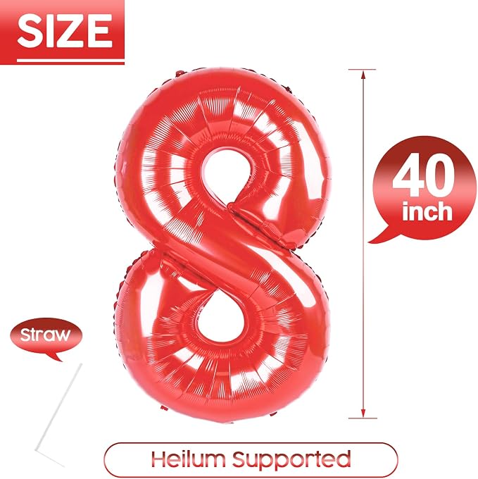 8 Balloon - Red Birthday Number Balloons, 40 Inch Decorations Men Women | Red - Image 5