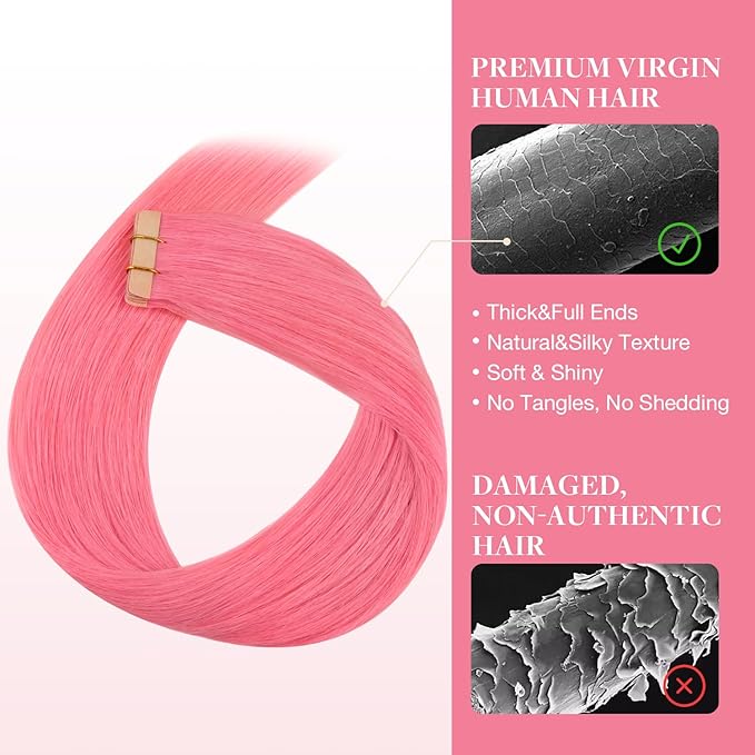 GOO GOO Tape in Hair Extensions Human Hair, Light Pink, 16inch 25g 10pcs, Colored Tape ins Human Hair Extensions, Silky&Soft Invisible Tape Ins, Hair Highlighted for Party