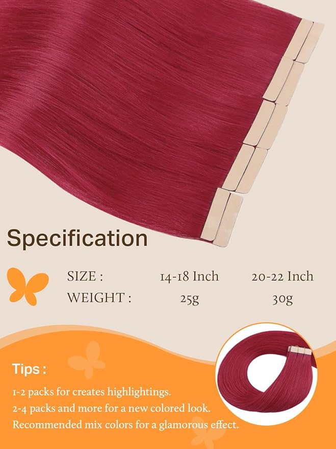 DOORES Remy Hair Extensions, Burgundy Red, 14 Inch Straight, 25g 10pcs Tape In