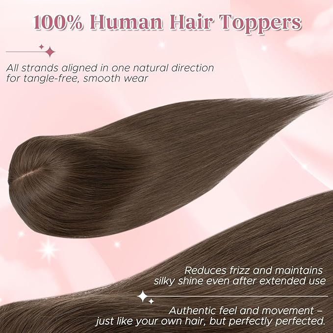 Hair Toppers for Women Real Human Hair 3.54"*4.72" Silky Base 150% Density With Bangs Adjustable Parting Clip-In Topper Hairpieces for Women with Thinning Hair 16 Inches Natural Brown