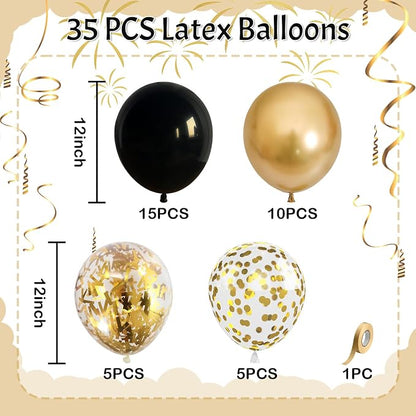 Black and Gold Balloons, 12 Inch Black and Metallic Chrome Gold Confetti - Image 2