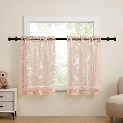 Blush Pink Lace Cafe Curtains 24 Inch Length 2 Panels set Country Floral Sheer - Image 2