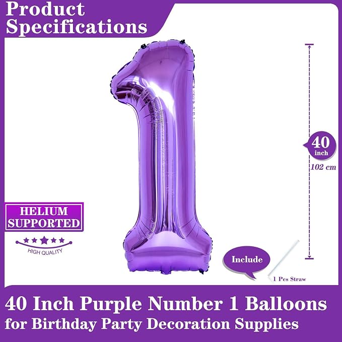 Purple Number 1 Balloons, 40 Inch Giant Number Balloons Foil Mylar Helium - Image 2