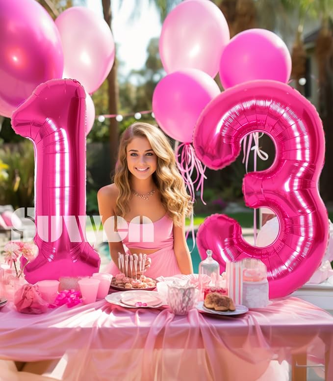 SUWEN 40 Inch Hot Pink Large 13 Number Balloons Big Foil Helium Number Balloons - Image 3