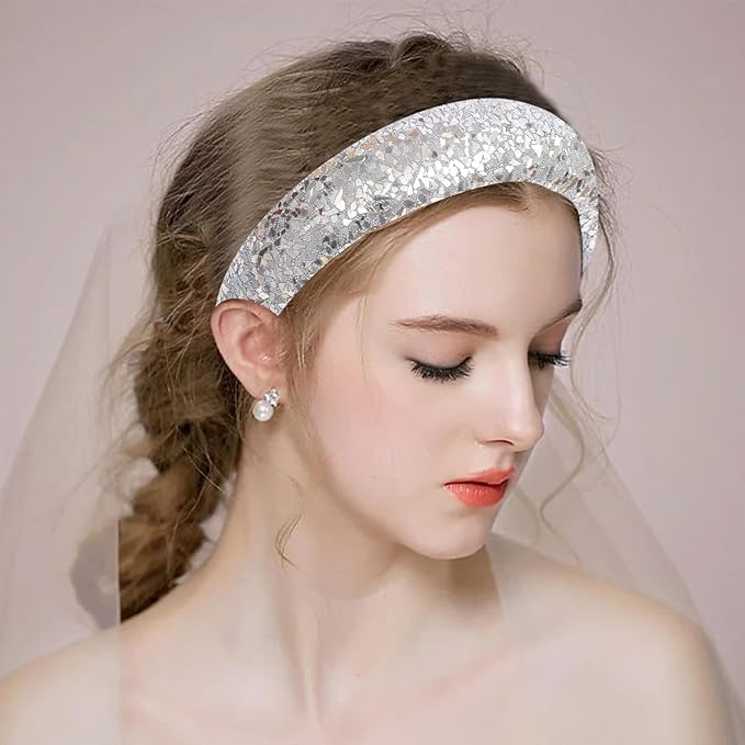 Sequin Headbands for Women Girls,2PCS Sparkle Wide Padded Headband Gold Sliver,Fashion Glitter Hairbands Hair Hoops Comfortable for Daily Prom Party Head Accessories