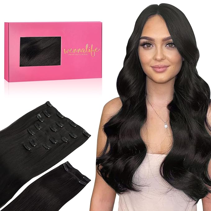 WENNALIFE Clip in Hair Extensions, 150g 20 Inch 9pcs Natural Black Human Hair Extensions Thicker Clip in Hair Extensions Real Human Hair Clip Set Double Weft