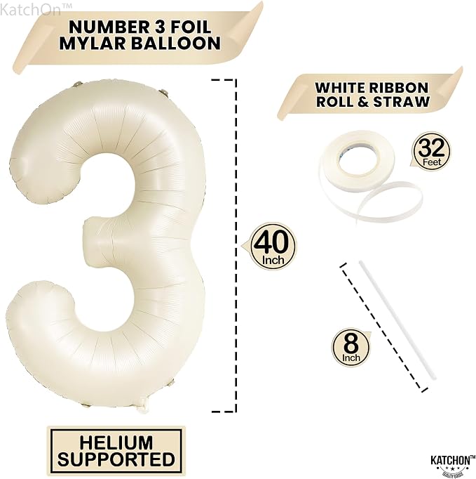 KatchOn Cream White Number 3 Balloon Neutral 40 Inch | Three Balloon, 3 Balloon - Image 4