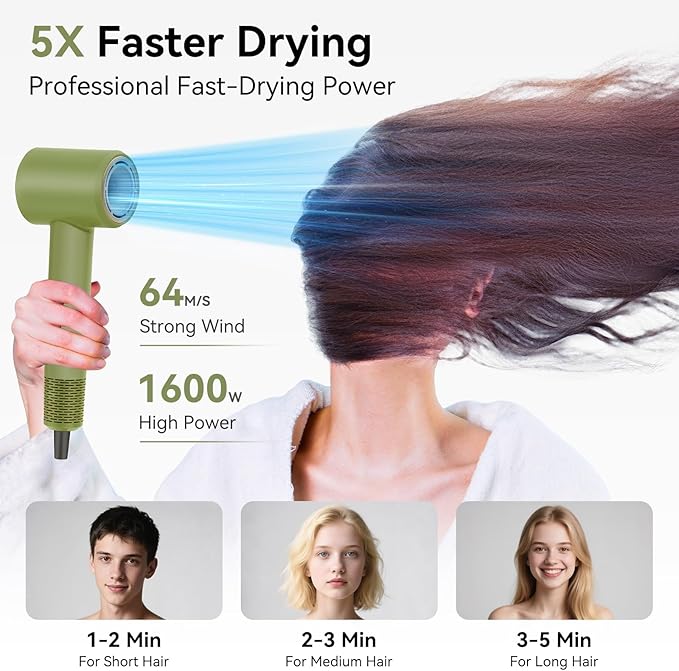 Diffuser Hair Dryer Professional with Temperature Control, Ionic Technology, Low Noise (Green with Diffuser Nozzle)